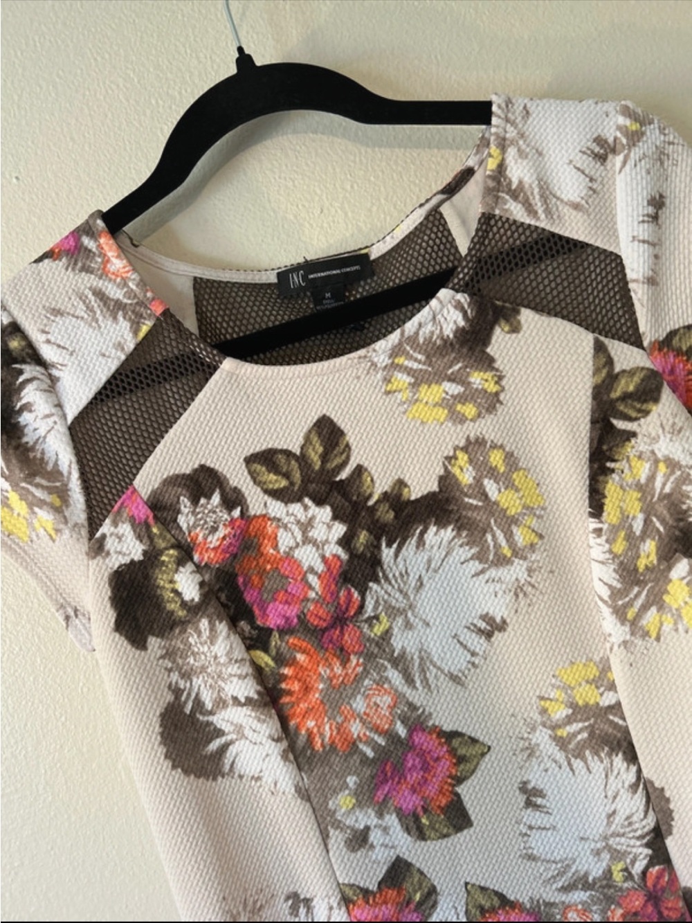 INC International Concepts Cream Floral Mesh-Trim Blouse